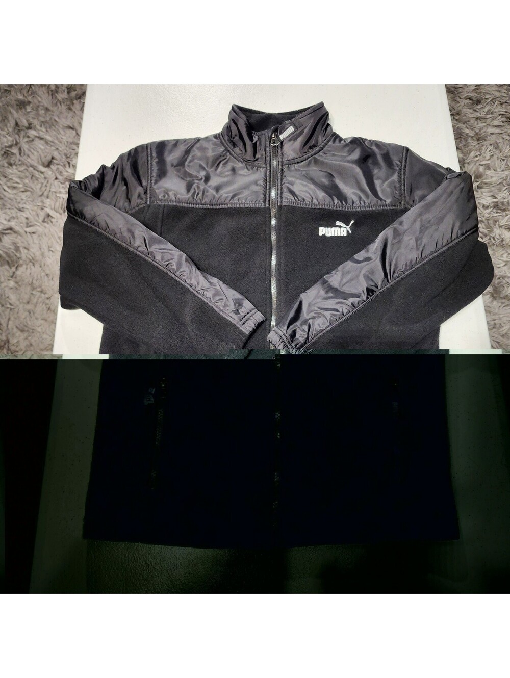 PUMA Boys Track Jacket Black Gray Fleece Zip M Logo Polyester Outer Shell